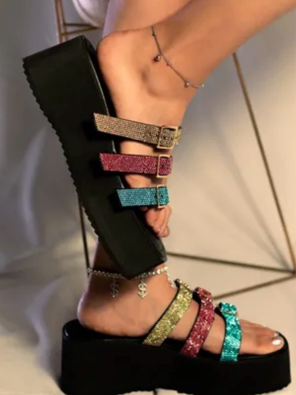 Sparkle Triple-Strap Platform Slide - Multicolor